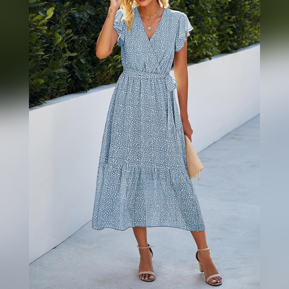 NWT BTFBM (Amazon) Blue Floral Midi Wrap Dress